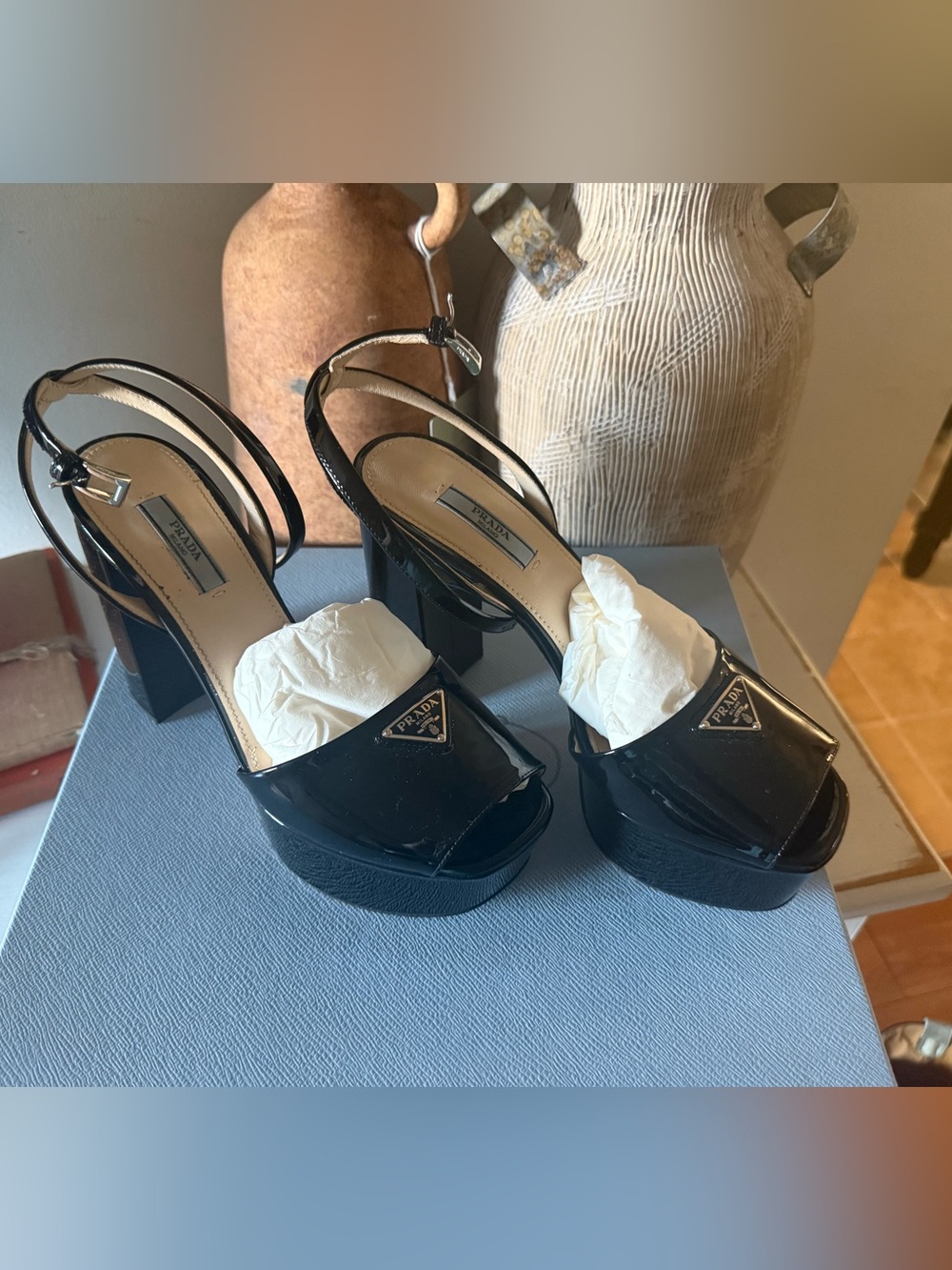 Prada Black Patent Platform Slingback Heels